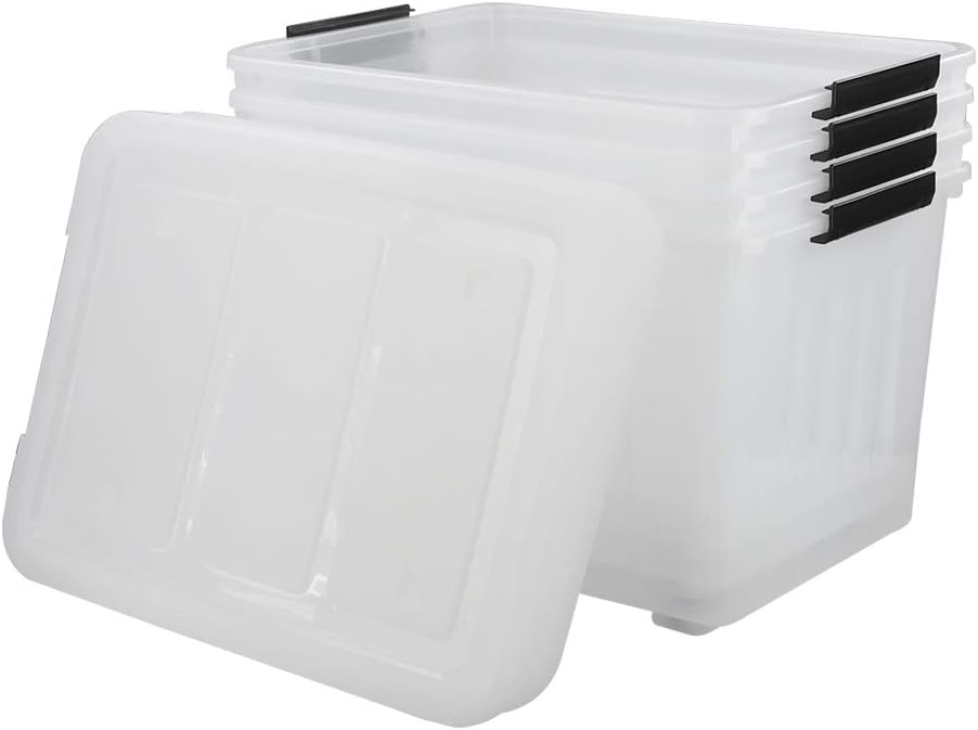 Clear Plastic Storage Bins with Wheels, 4-Pack Latch Boxes, 30 L