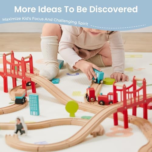 Tiny Land 39 Pcs Wooden Train Set for Toddler with Wooden Tracks | Compatible with Major Brands, Expandable