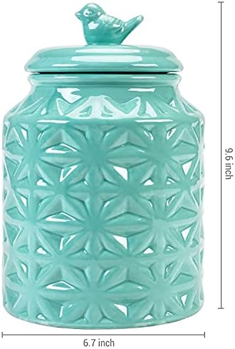 MyGift Vintage Turquoise Ceramic Kitchen Jar with Lid, Cookie Jar Storage Containers Airtight with Embossed Star and Bird Design