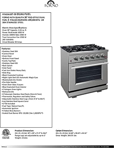 FORNO Capriasca Dual Fuel 30" Inch. Freestanding Range 5 Sealed Brass Burners Cooktop and 4.32 Cu. Ft. Electric Convection Oven - Stainless Steel