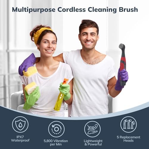 LifeBasis Cordless Electric Cleaning Brush | Power Scrubber with 5 Replacement Brush Heads for Bathroom Kitchen Grout Tile Crevice Corner (Batteries