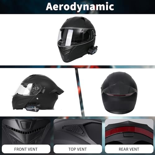 Bluetooth Modular Motorcycle Helmets with Tail Lights, DOT Certified Flip-Up Dual Visor Full Face Helmets for Men & Women Moto ATV UTV Snowmobile ADV Four Wheeler Street Bike