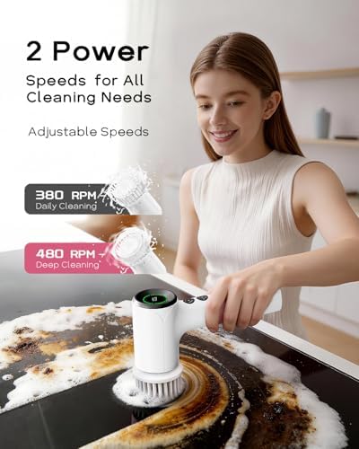 PUFTEM Shower Scrubber, Electric Spin Scrubber for Bathroom Cleaning – Cordless Shower Cleaner Brush with 6 Brush Heads, Dual-Direction Rotation