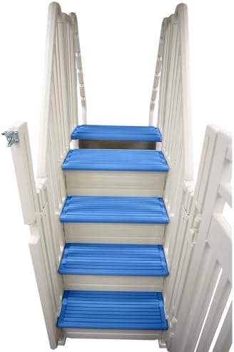 Confer Entry System for Above Ground Pools | White Frame with Blue Steps | All Resin Bridge System with Handrails and Gate