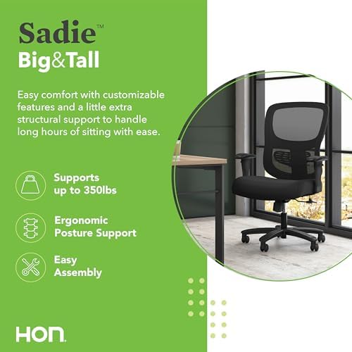 HON Sadie Big and Tall Ergonomic Office Chair, Heavy Duty Desk Chair, Black | Big and tall ergonomic office desk chair for desk work, lumbar support, adjustable arms, mesh comfort, 350 lb capacity