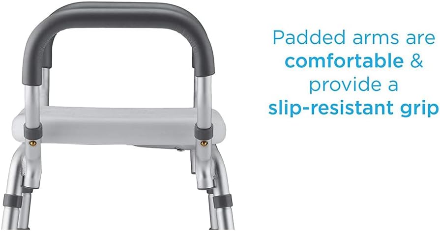 NOVA Adjustable Shower Bench with Padded Arms – Lightweight, Skid-Resistant Tips, White Plastic Seat with Drainage Holes