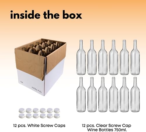 750ml Clear Glass Bottles with Lids W5 Bordeaux - 12-Pack Screw Cap Set | 12 flint flat-bottomed Glass Wine Bottles for home winemaking