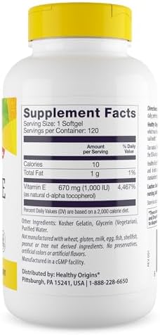 Healthy Origins Vitamin E 1,000 IU, Natural Mixed Tocopherols, 120 softgels