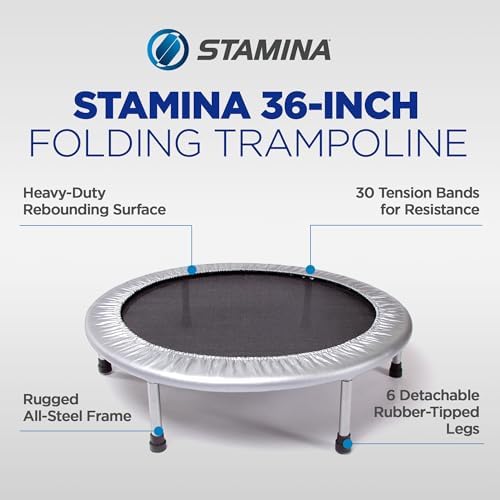 Stamina 36" Foldable Mini Trampoline Rebounder for Adults with Smart Workout App, Black - Portable Fitness Equipment for Home Gym, Cardio and Jumping Training Exercise