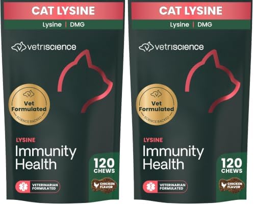 VetriScience Lysine Immunity Health Chews, 250 mg Lysine Plus Immune Supplement for Cats and Kittens with Allergies, Sneezing, Runny Nose and Watery Eyes, Chicken, 120 Count
