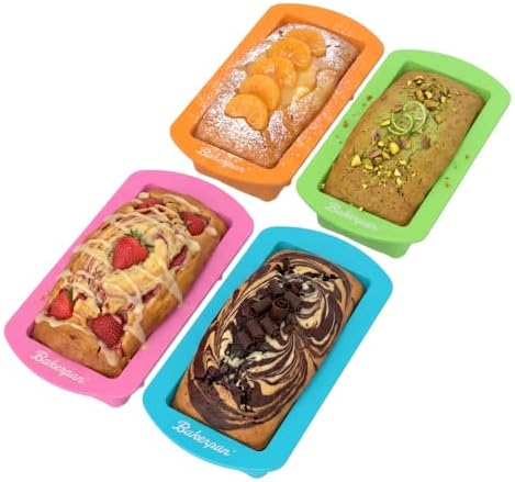 Bakerpan 4 Pack Silicone Mini Loaf Pans for Baking - 4.5 Inch Reusable Molds for Banana Bread, Pound Cake, Bread Loaves & Mini Cakes - Non-Stick