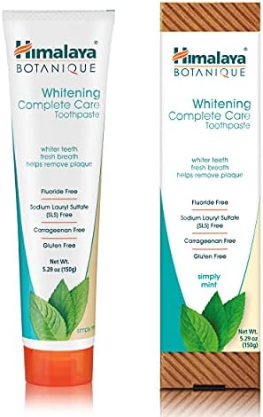 Himalaya Botanique Whitening Complete Care Toothpaste, Teeth Whitening, Fights Plaque, Fluoride Free, No Artificial Flavors, SLS Free, Cruelty Free, Foaming, Simply Mint Flavor, 5.29 Oz, 4 Pack