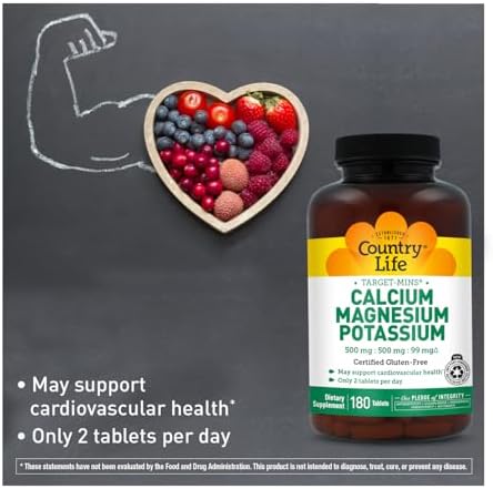 Country Life Target-Mins Calcium Magnesium Potassium, 180 Tablets | 500 mg calcium, 500 mg magnesium and 99 mg potassium per 2-tablet serving; certified gluten-free
