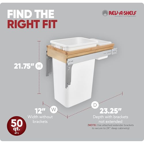 Rev-A-Shelf 35 Qt Top Mount Double Pullout Under Cabinet Kitchen Trash Cans for Base Cabinets, 150 Pound Rated Full-Extension Slides, Min Opening Width of 14.5", White, 4WCTM-18DM2-175