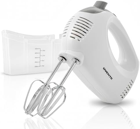 OVENTE 5-Speed Electric Hand Mixer with Storage Case,150W, White HM151W | Stainless Steel Whisks, Compact Portable Design, Lightweight Handheld Mixer for Baking & Cooking