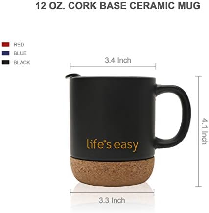 Life's Easy 12 oz Coffee Mug with Insulated Cork Bottom and Push-On Splash-Proof Lid - Black