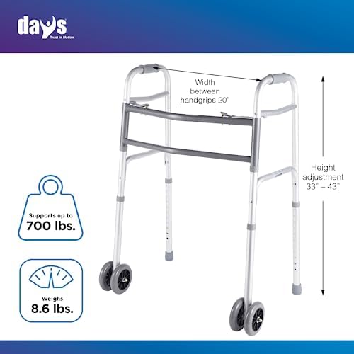 Days Bariatric Adjustable Walker with Double 5" Wheels, 700 lb Weight Capacity, Extra Wide Rollator for Elderly & Handicapped