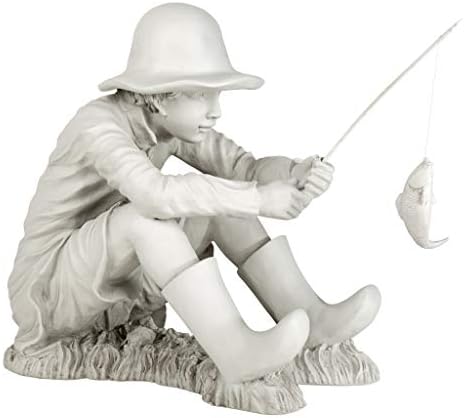 Design Toscano Frederic the Little Fisherman of Avignon Boy Fishing Garden Statue, 15 Inch Tall, Cast Stone Resin, Two Tone Stone Finish