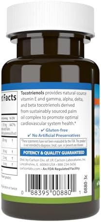 Carlson Tocotrienols, 40 mg, with Natural-Source Vitamin E, 30 Softgels | Gamma; Alpha; Delta; Beta; Sustainably Sourced