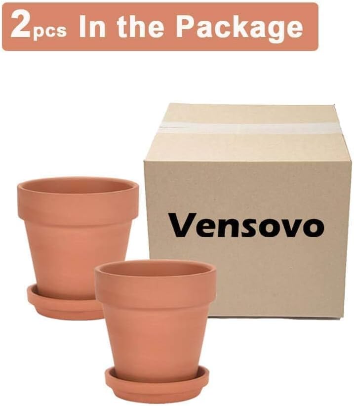vensovo 8 Inch Clay Pot for Plant with Saucer - 2 Pack Large Terra Cotta Plant Pot with Drainage Hole, Clay Planters Pot