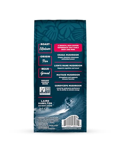 Laird Superfood Peruvian Dark Roast Coffee with Functional Mushrooms, Certified Organic Peruvian Ground Coffee Beans, Gluten-Free, Dairy-Free, Non-GMO