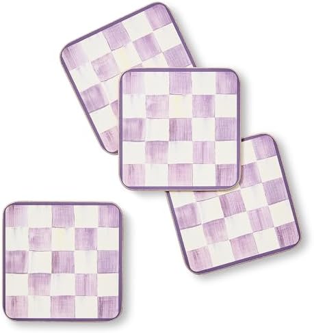 MACKENZIE-CHILDS Square Coasters Set, Black-and-White Courtly Check | Hand-painted design, made from MDF with a cork back, table coasters for drinks, 4" square, set of 4