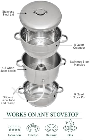 VINEYARD Deluxe Stainless Steel Steam Juicer & Roaster Set - Induction Friendly, Tempered Glass Lid, Cool-Touch Handles, 8 Quart Capacity
