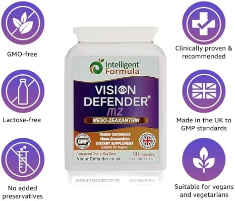 Vision Defender MZ Meso-Zeaxanthin 10mg Vegan Eye Supplement, 90 Capsules | Pure Carotenoid Antioxidant from Marigold Extract, Ocular Health Support