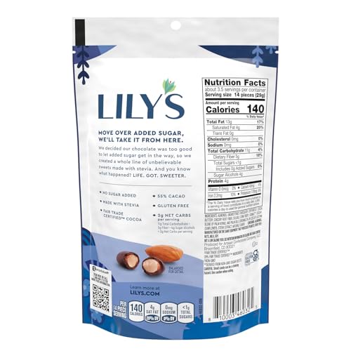 LILY'S Dark Chocolate Style No Sugar Added Covered Almonds Bag, 3.5 oz