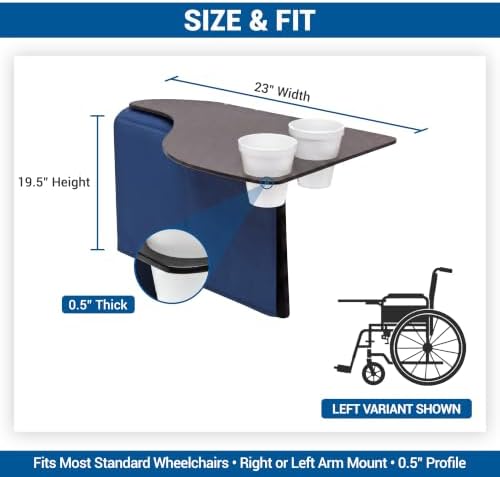 Skil-Care Left Side Wheelchair Flip Tray, 23"W x 19.5"D, Scratch-Resistant | 705032, Scratch-Resistant Surface, Two Cup Holders, Convenient Flip-Away Design, Fits All Standard Wheelchair Armrests, Left
