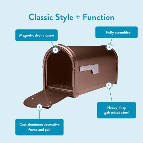 Architectural Mailboxes Hillsborough Post Mount Mailbox, Rubbed Bronze | Galvanized steel build for outside with rust-resistant powder-coat finish and a magnetic door closure. USPS approved.