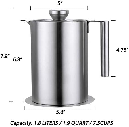 Sumerflos 1.8 L/1.9 Quart Stainless Steel Grease Strainer and Container - Large Oil Storage Pot Grease Keeper with Dust-Proof Lid & Easy Grip Handle