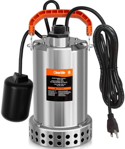 Stainless Steel Submersible Utility Water Pump, 3/4 HP 3780 GPH, Thermoplastic Portable Plug & Work, Ideal for Pool, Flooded Basement, Hot Tub, Pond & Garden Draining, 10 FT Cord