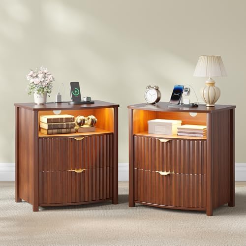 Dystler Fluted LED Night Stand with Hidden Gun Drawer & Charging | 19.7" W Curved Smart Bedside Table, 3-Color LED lights, 2 Drawers, Nightstand with Card-Lock, End Table for Bedroom, Walnut