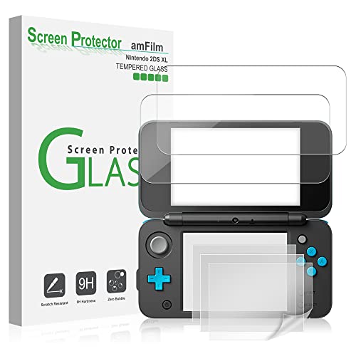 amFilm Screen Protector for Nintendo 2DS XL 2017, 2 GLASS Top, 4 PET Bottom | Drop & Scratch Protection, Easy to Instllation & Bubble Free, HD Clear