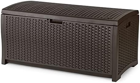 Suncast Outdoor Storage Box - 73 Gallon Mocha Brown Deck Box for Patio, weather-resistant Outdoor Storage Bench, Resin Wicker Style, Heavy-Duty, Lockable Lid for Cushions, Shoes, Pool & Garden Gear