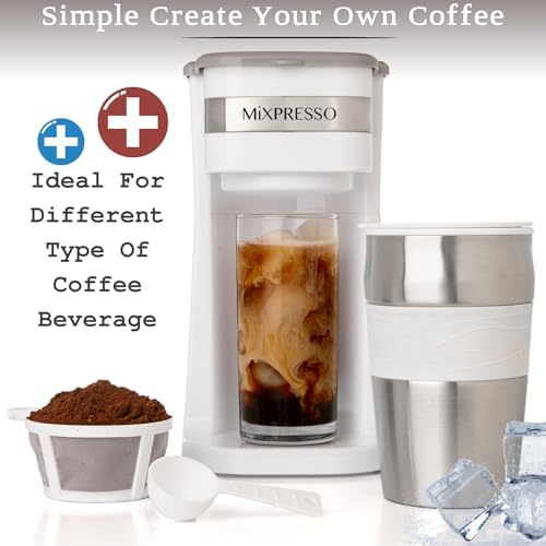Mixpresso Single Serve & Single Cup Coffee Maker with 14oz Travel Mug Black | For ground coffee only, reusable filter, auto shut off. Compact personal drip coffee maker, not compatible with K-Cup pods.