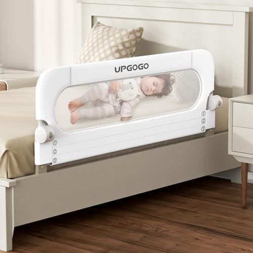 UPGOGO Folding Bed Rail for Toddlers, White, 71" L x 23.6" H | U-shaped base，Reinforced Anchors, Built-in Sponge , Secure lock