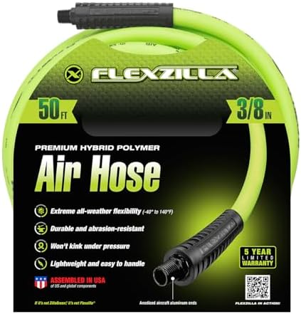 Flexzilla Air Compressor Hose, 3/8 in. x 50 ft., 1/4 in. MNPT Fittings, No-Kink, All Weather, Lightweight, Premium Hybrid Polymer, 300 PSI, ZillaGreen