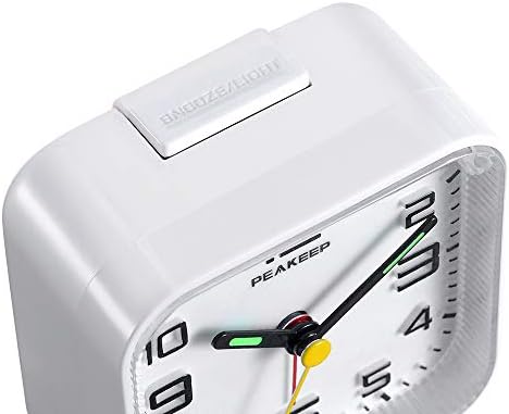 Peakeep Small Battery Operated Analog Travel Alarm Clock Silent | No Ticking, Lighted on Demand and Snooze, Beep Sounds, Gentle Wake, Ascending Alarm, Easy Set (Black)