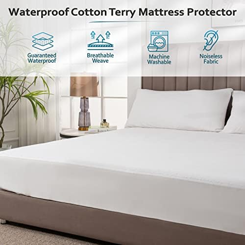 PlushDeluxe Waterproof King Mattress Protector, Terry Cotton | Fitted Sheet Bed Cover, Deep Stretchable Pockets, 76"x80"x18", Noiseless, Breathable, Hypoallergenic, Mite Proof, Washable