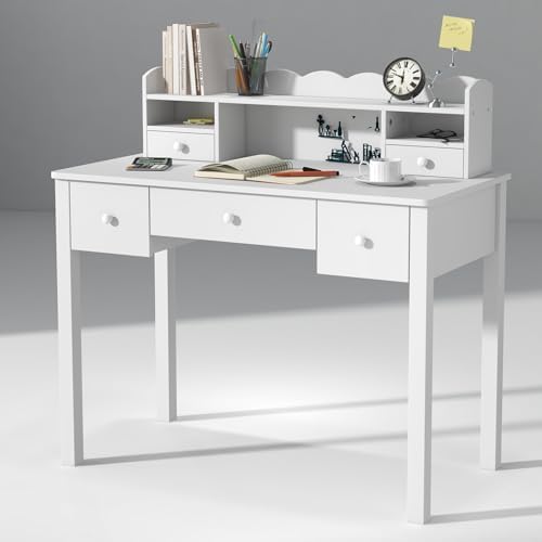 FUNKOCO Writing Desk with Hutch, 40" Small White Desk for Girls, 5 Drawers