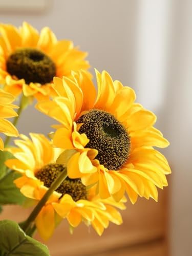 Laelfe Artificial Sunflower Flowers Long Stem Silk Fake Large Sunflowers Decoration for Outdoor Home Wedding Baby Shower Birthday Party Single Bulk