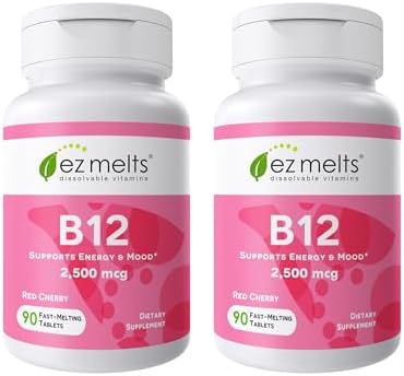 EZ Melts Dissolvable B12 Methylcobalamin 2,500 mcg - Vitamin B12 for Energy & Immune Support - Non-GMO, Vegan & Gluten-Free - Red Cherry - 90 Sublingual Tablets (90 Servings)