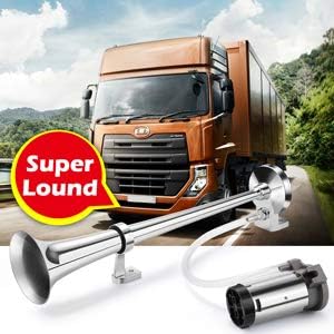 HK 12V 150db Air Horn, 18 Inches Chrome Zinc Single Trumpet Truck Air Horn with Compressor Powerful Loud 150db for Truck Boat SUV Train (Sliver)