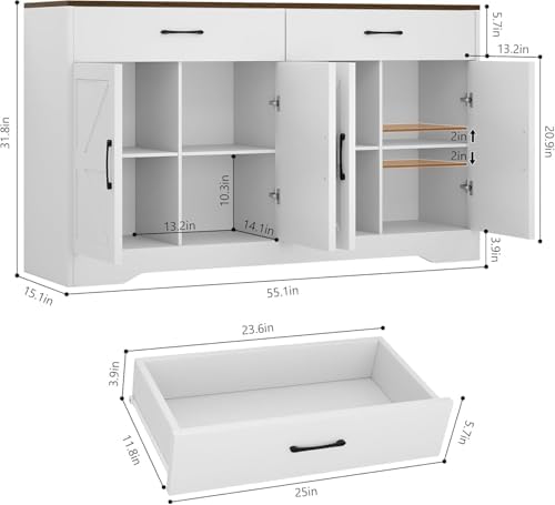 Sideboard Buffet Cabinet with Storage, 55.1" Large Kitchen Storage Sideboard with Drawers & Doors, Modern Wood Farmhouse Coffee Bar Cabinet