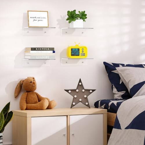 FEMELI 2 PCS 12" Acrylic Floating Shelves, Clear Shelf for Wall Display