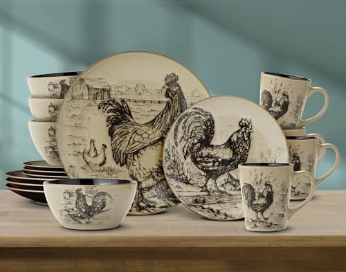Pfaltzgraff Homespun Rooster 16-Piece Dinnerware Set, Service for 4 Brown