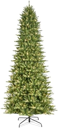 Puleo International 7.5ft Pre-Lit Slim Fraser Christmas Tree with 500 Warm White LED Lights, 1453 Realistic Dense Branch Tips, Easy Setup Artificial Trees with Sturdy Metal Stand