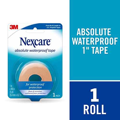 Nexcare Absolute Waterproof First Aid Tape, from The #1 Leader in U.S. Hospital Tapes, Stays on During Sports, Seals Out Water, Dirt and Germs, 1-Inch x 5-Yard Roll